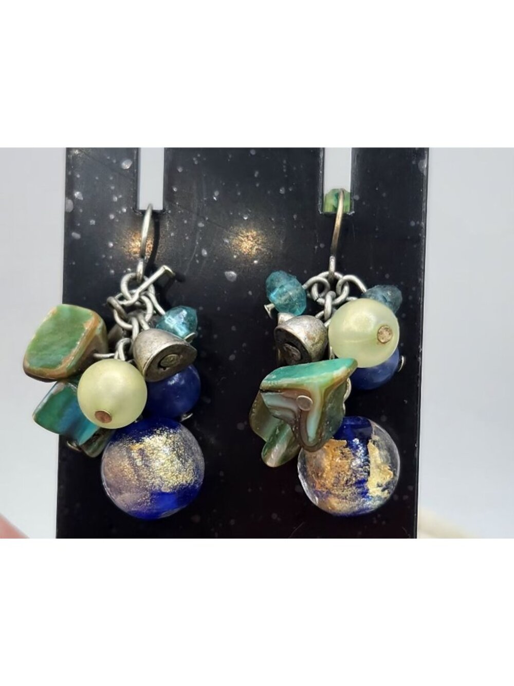 Blue Glass Bead &Abstract Blue Bead Dangle Earrings